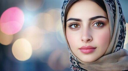 Wall Mural - A woman with a scarf on her head and a pink background