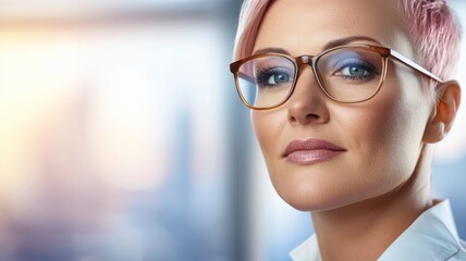 Wall Mural - A woman with short pink hair and glasses is smiling