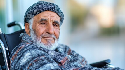 Canvas Print - An elderly man in a wheelchair is wearing a gray and black hat and a gray