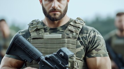 A man in a camouflage shirt and vest is holding a gun