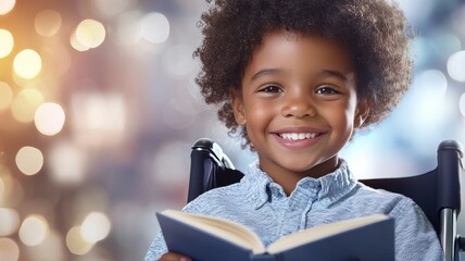 Poster - A young child in a wheelchair is smiling and holding a book