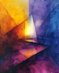 Poster - Vivid abstract artwork features geometric shapes blending in shades of orange, purple, and yellow. Light emerges from a focal point, creating a sense of depth and vibrant energy in the composition.