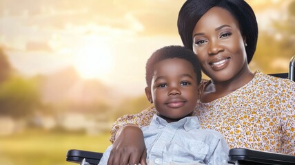 Wall Mural - A woman and a child are sitting together in a wheelchair