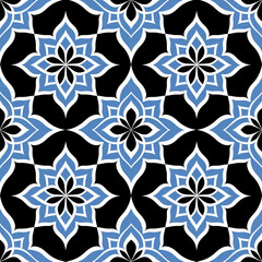 Poster - This design features a sophisticated geometric pattern of blue and white floral shapes on a solid black background