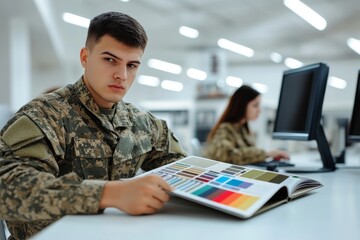 At the workshop, a fashion designer chooses color samples for clothes