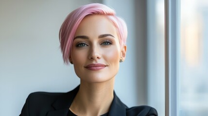 Canvas Print - A woman with pink hair and a black jacket is smiling at the camera