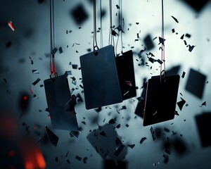 Poster - An abstract design showcasing hanging tags surrounded by dynamic fragments, creating a visually striking composition.