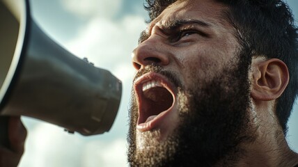 Poster - A man with a megaphone is yelling into it