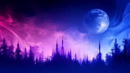 Wall Mural - Silhouetted castle towers against a magical sky with a large blue moon.