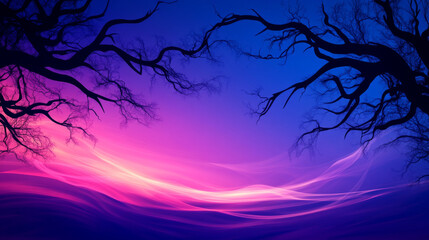 Poster - Silhouetted tree branches against a vibrant purple and blue sky.