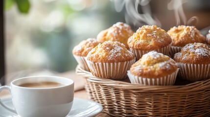 Wall Mural - Freshly baked muffins in a basket beside a steaming cup of coffee on a wooden table in a cozy café setting