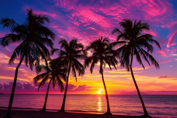 A beautiful sunset over the ocean with a palm tree in the foreground, generative ai