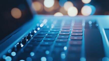 Poster - Close-up of a Laptop Keyboard with Blurred Lights in Background