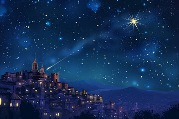 star of bethlehem illuminating the holy city where jesus was born on christmas night guiding believe