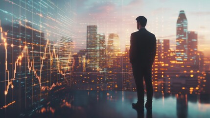 Poster - Businessman Looking at City Skyline with Stock Market Data