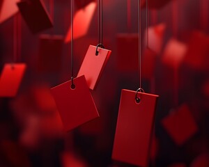 Poster - A collection of suspended red tags against a blurred background, creating a vibrant and dynamic visual effect.