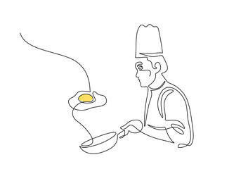 Wall Mural - Chef cooking an egg in one line drawing. Passion for food illustration.