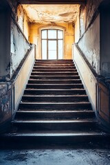 Sticker - Old, Abandoned Staircase Leading Up to a Sunlit Window in an Abandoned Building