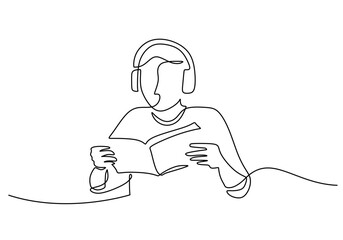 people reading books with headphones in one line drawing. education and relaxation theme. minimalist