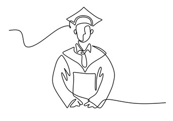 Wall Mural - Graduating students in one line drawing. Man with cap and diploma. College event concept. Minimalist vector.