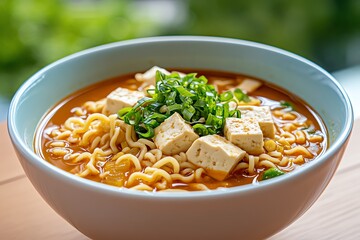 Poster - A magical vegetarian noodle soup where the broth glows with mystical light, and the tofu and vegetables float elegantly in an enchanted bowl.