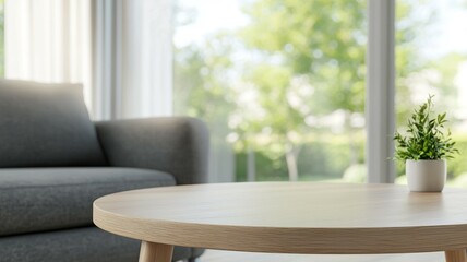 Canvas Print - A wooden coffee table sits in front of a couch with a potted plant on top