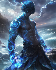 Wall Mural - male water genasi with glowing blue patterns channeling lightning over ocean