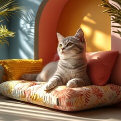 a cat sitting on a cushion in a room with orange and yellow tones, tabby cat, wallpaper