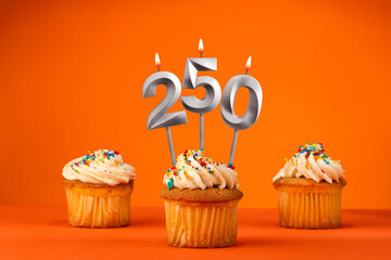 Poster - Candle number 250 - Celebration with birthday cupcake on orange background