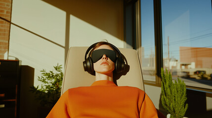 Patient relaxing with headphones and eye mask during ketamine therapy session