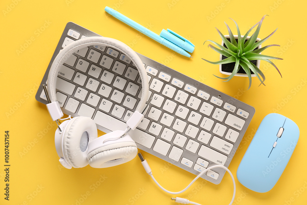 Computer keyboard with pen, succulent and different devices on yellow background. Top view