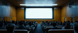 © Nan - AI generator image of  dimly lit university lecture hall with a big bright projector screen, photo taken from back of classroom, college students sitting in seats