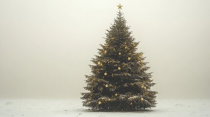 decorated Christmas tree in a foggy forest landscape, Christmas tree, decorations in gold and silver colors, wallpaper, background