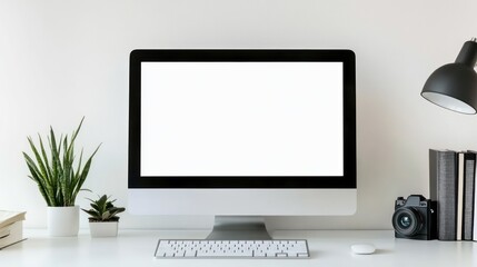 Poster - Clean White Workspace with Computer and Plants