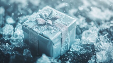 Frosted blue gift box on snowy background with sparkling ribbon for a magical holiday season christmas and new year gifts