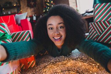 Sticker - Photo of adorable charming cute girl lying floor cosy christmas xmas atmosphere new year magic miracle indoors home room