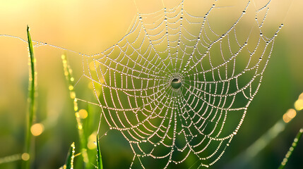 A Macro Shot of Dewdrops on a Glistening Spider Web in the Morning Sunlight