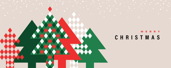 Wall Mural - Christmas wide banner or greeting card design with geometric pine trees as winter holidays symbols.