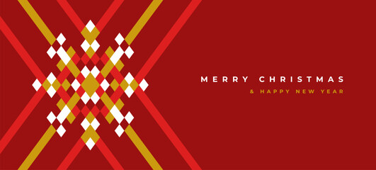 Wall Mural - Merry Christmas and Happy New Year wide banner or greeting card design with abstract geometric snowflake shape.