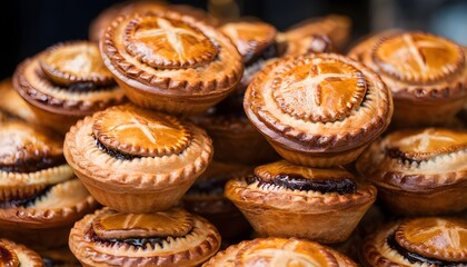 Canvas Print - Delicious assortment of dark brown baked pies arranged in a tempting pile