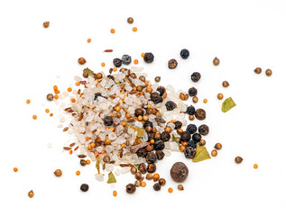 Mineral salts and other spices pile on a white background