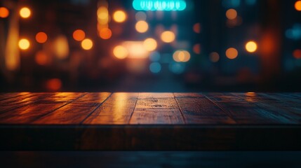 Wall Mural - Wooden Tabletop with Defocused City Lights at Night