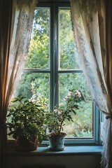 Rustic window with lace curtains, potted plants and a view of a green garden