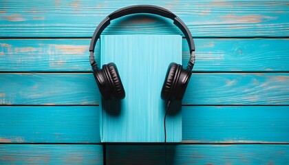 Wall Mural - Headphones Resting on a Book Cover Against a Blue Wooden Background