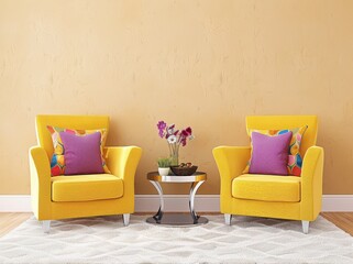 Two yellow armchairs with colorful pillows and a side table with flowers, set against a warm yellow textured wall.