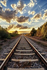 Poster - Straight Railroad Tracks Leading to Sunset Sky with Dramatic Clouds