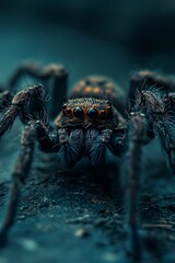 Canvas Print - Macro Photography of a Jumping Spider with Vivid Green Eyes and Fuzzy Legs