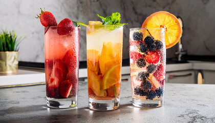 Three refreshing summer drinks, each with vibrant colors and fresh fruits