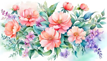 Wall Mural - Whimsical floral masterpiece with pastel peach and blue blooms intertwined with swirling vines against a soothing mint green backdrop