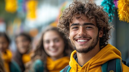 A smiling young man with curly hair in a yellow hoodie, surrounded by friends at a festive event.